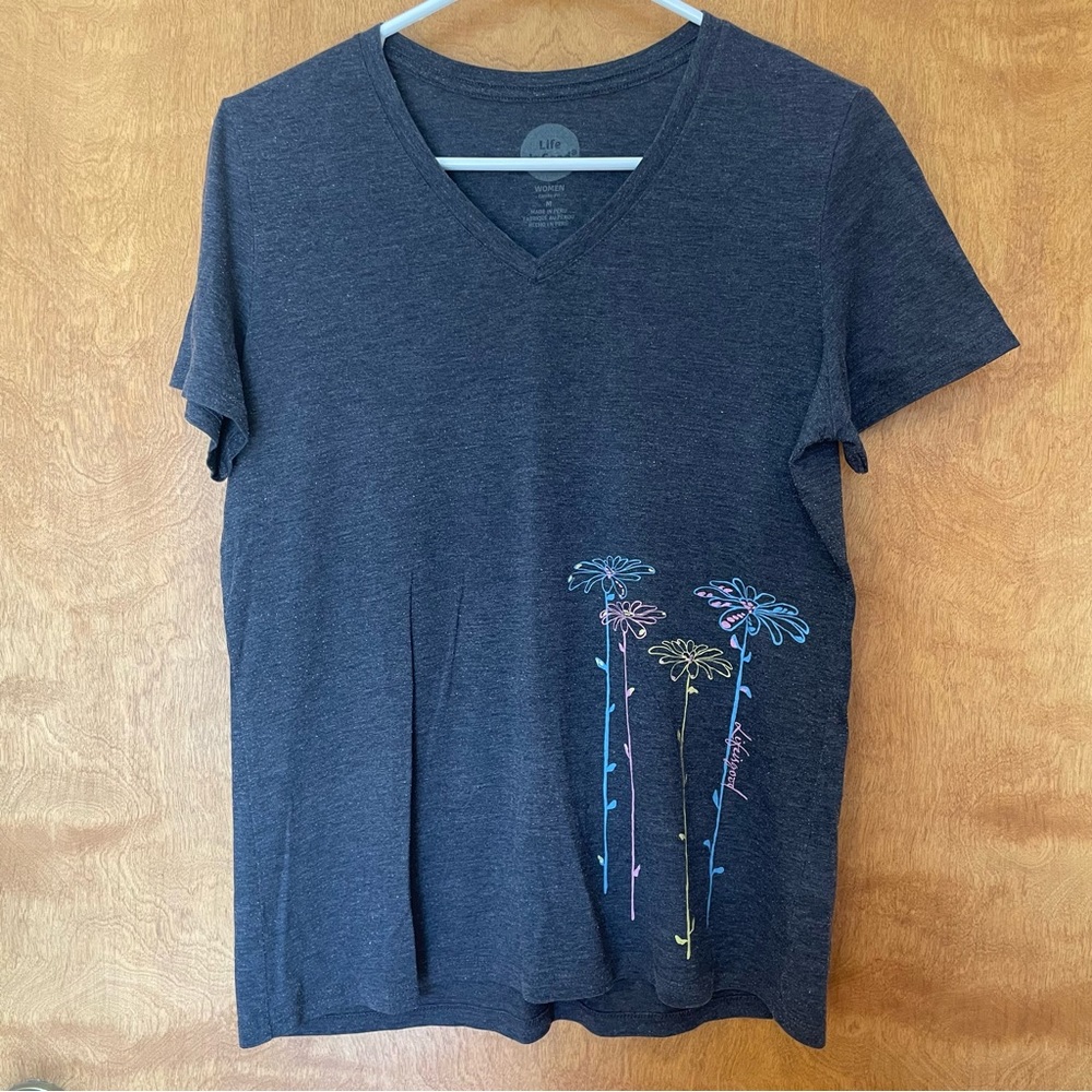 Dark gray V-Neck T-Shirt with Floral Embroidery